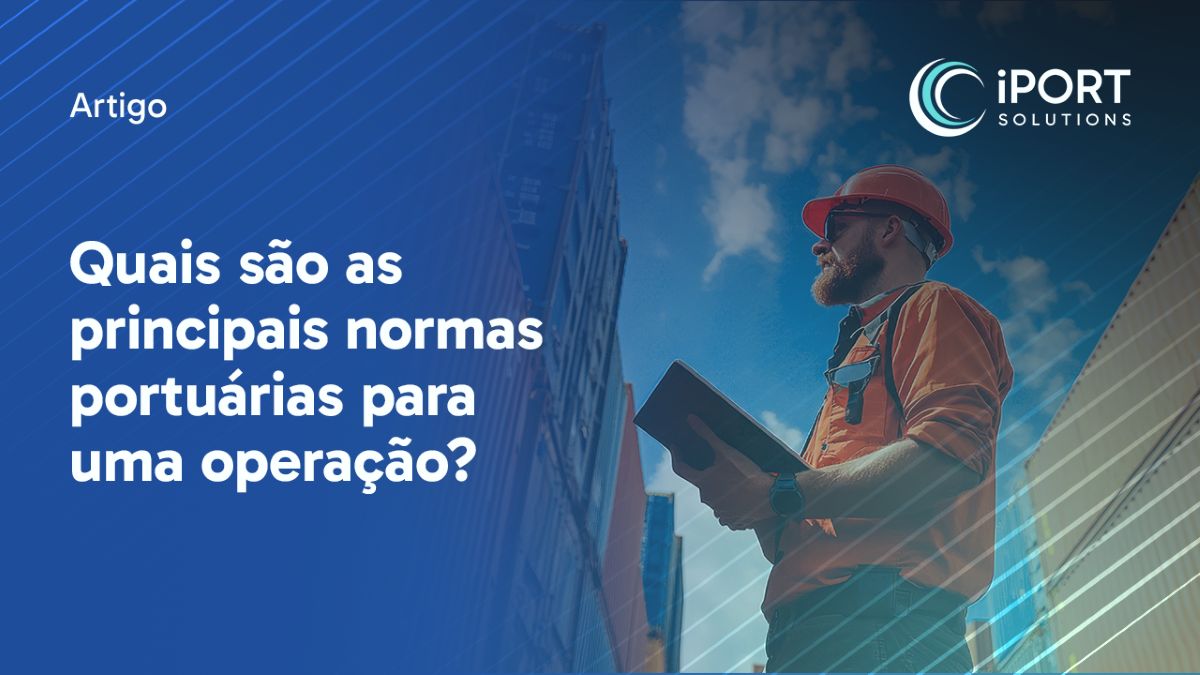 Profissional portuário com tablet entre contêineres, representando normas portuárias e conformidade operacional.